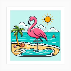 Pink Flamingo On The Beach 1 Art Print