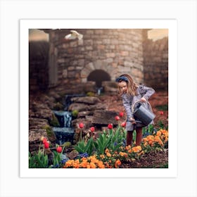 Little Girl Watering Flowers Art Print