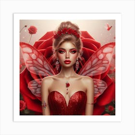 Fairy Girl With Red Roses Art Print