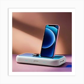 A Photo Of A Mobile Phone With A Bright Blue Backg Art Print