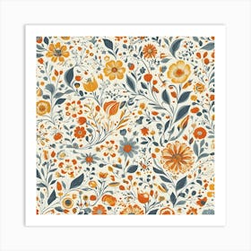 Orange And Blue Floral Pattern Art Print