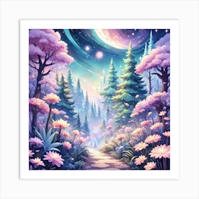 A Fantasy Forest With Twinkling Stars In Pastel Tone Square Composition 8 Art Print