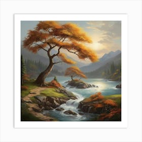 Autumn Tree By The River Art Print