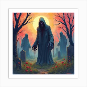 Horror Figure In A Vibrant Watercolor Cemetery 1 Art Print