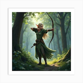 Elven Archer In Enchanted Forest With Silver Bow 1 Art Print