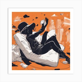 A Silhouette Of A Boy Wearing A Black Hat And Laying On Her Back On A Orange Screen, In The Style Of (2) Art Print