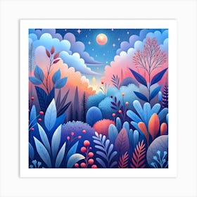 Nature Night Bushes Flowers Leaves Clouds Landscape Berries Story Fantasy Wallpaper Background Sample Design Art Print