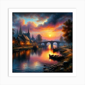 Sunset By The River With A Village And Stone Bridge, Oil Painting Art Art Print