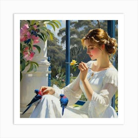 Lady With Birds Art Print