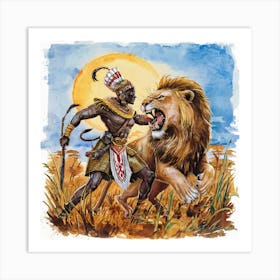 Lion And African warrior Art Print