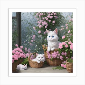 White Cats In Baskets Art Print