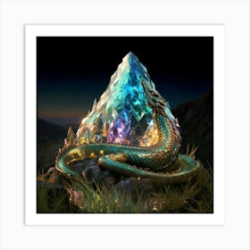 Firefly Dragon, Iridescent, Scales, Gemstones, Light, Reflection, Perched, Mountain, Peak, Mythical, (8) Art Print