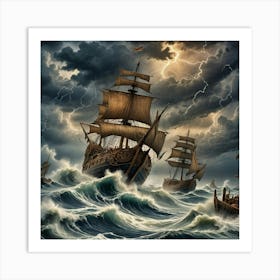 Viking Ships In Storm Art Print