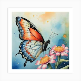 Elegant Butterfly On Flowers Watercolor Art Print