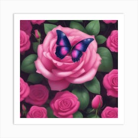 Pink Roses With Butterfly Art Print