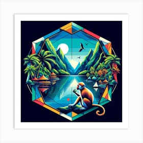 Geometric Art Tropical lake and monkey Art Print