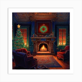 Christmas Presents Under Christmas Tree At Home Next To Fireplace Centered Symmetry Painted Intr (2) Art Print