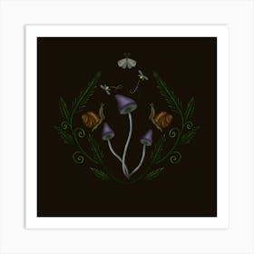 Mushroom, Moth And Snails on Black Art Print