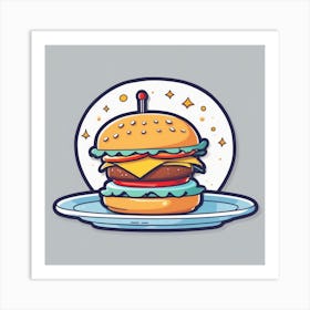 Cartoon Hamburger On A Plate Art Print