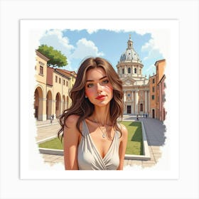 Charming Italian Woman In Watercolor, With A Classic Roman Architecture Backdrop Art Print