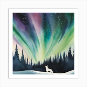 Arctic Fox Under Aurora Sky Art Print