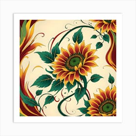 Yellow Sunflowers With Red And Green Art Print