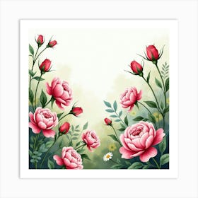 A Watercolor Garden Filled With Roses And Peonies Art Print