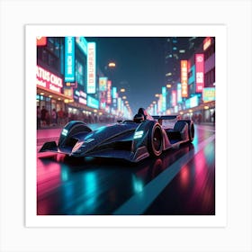 Futuristic Formula Car Zooming Down A Neon Lit Street With Reflections Of Glowing Signs 1 Art Print