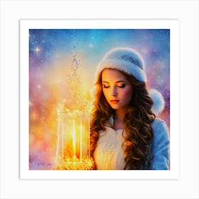 Girl Outside In The Snow With A Decorative Candle Colorful Paint Art Art Print