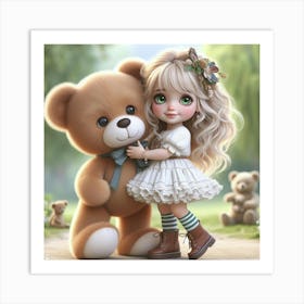 Cute Little Girl Hugging Teddy Bear Art Print