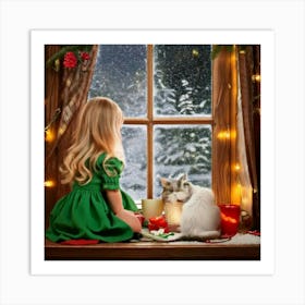 Firefly Little Girl, Blonde, Red Bow, Green Dress, Looking Out, Window, Snow Covered Forest, Fabulou (1) Art Print