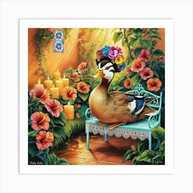 Duck With Flowers Art Print