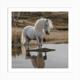 White Horse In Water Art Print