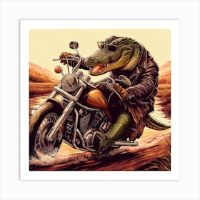 Alligator On A dirt bike, oil painting Art Print