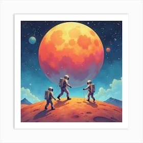 Watercolor Astronauts Setting Foot On A Colorful Distant Alien Moon 1 Art Print