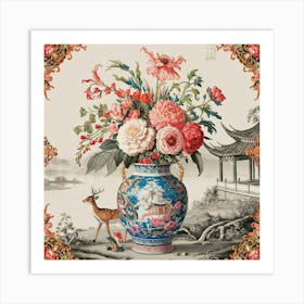 Chinoiserie vase and flowers and deer, traditional art style Art Print