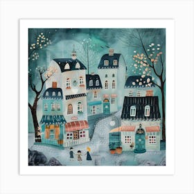 Winter Village, Naïve Folk Art Print