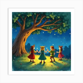 Watercolor Scene Of Hobbits Dancing Under The Party Tree At Night 1 Art Print