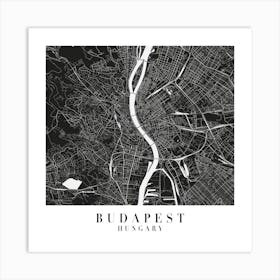 Budapest Hungary Minimal Black Mono Street Map  Square Art Print