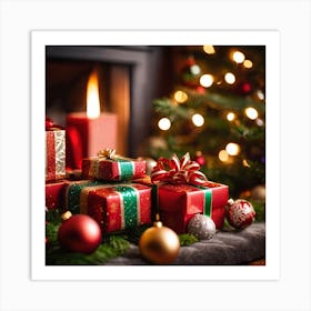 Christmas Presents On The Fireplace Art Print