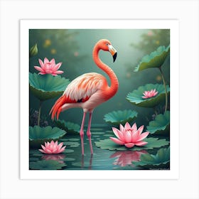 Flamingo With Lotus Flowers 1 Art Print