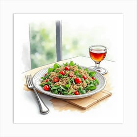 Watercolor Sketch Of A Fresh And Vibrant Mediterranean Quinoa Salad On A Modern Dining Table Art Print