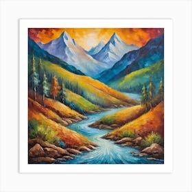 Vintage  mountain and  river Art Print