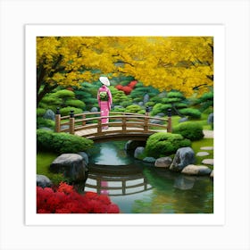 A Beautifully Detailed Illustration Of A Japanese Garden, Showcasing Lush Greenery, Tranquil Water Features, And Elegant Pathways Art Print