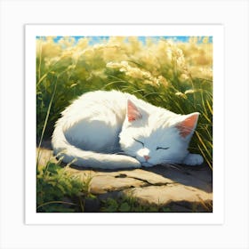 White Cat Sleeping In The Grass 3 Art Print