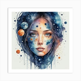 Watercolor Of A Girl With Planets 5 Art Print