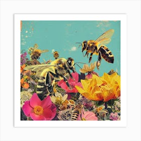 Kitsch Floral Bee Collage Art Print