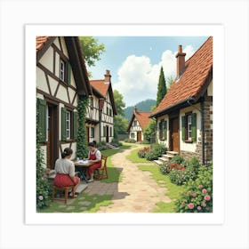 Romanian Artisans Crafting In English Village, Watercolor Scene 1 Art Print