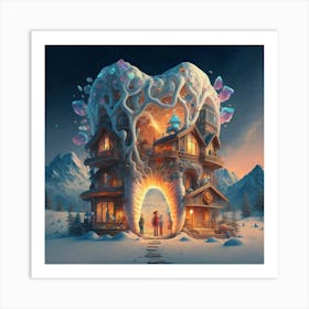 , a house in the shape of giant teeth made of crystal with neon lights and various flowers 15 Art Print