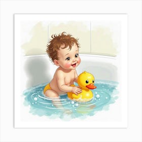 Baby Playing With A Toy Duck In A Bathtub With Watercolor Bubbles Art Print